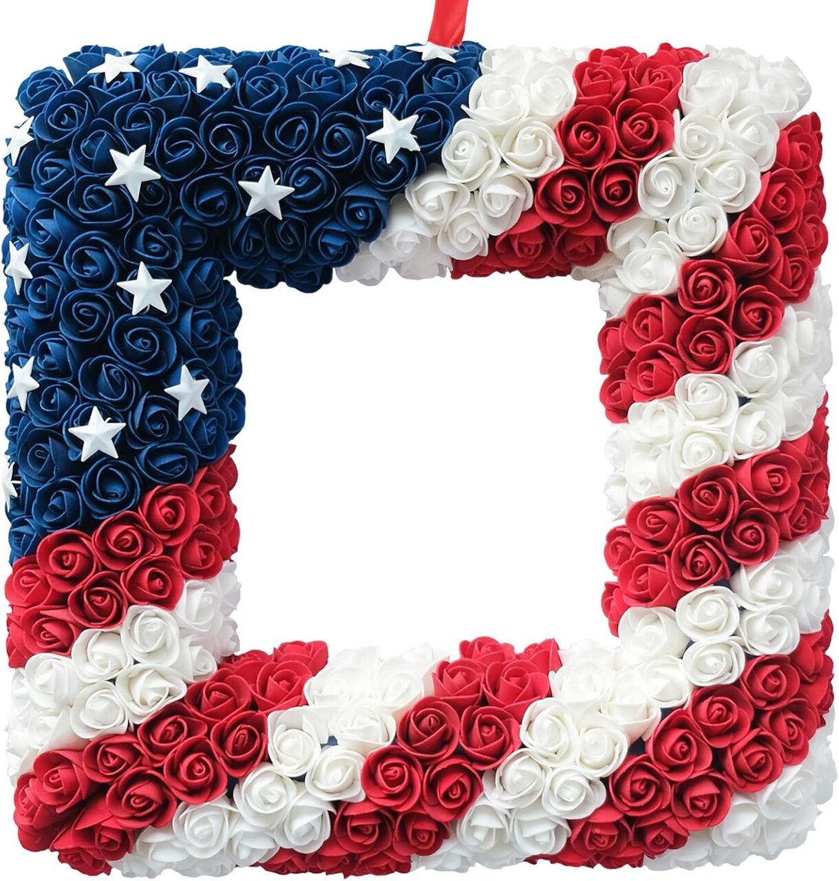 18 Inch Patriotic Red White Blue Large Size Square Shape Flower Wreath for Front Door, Forth of July American Flag Color Soft Touch Floral Wreath for Indoor and Outdoor, July 4th Wreath